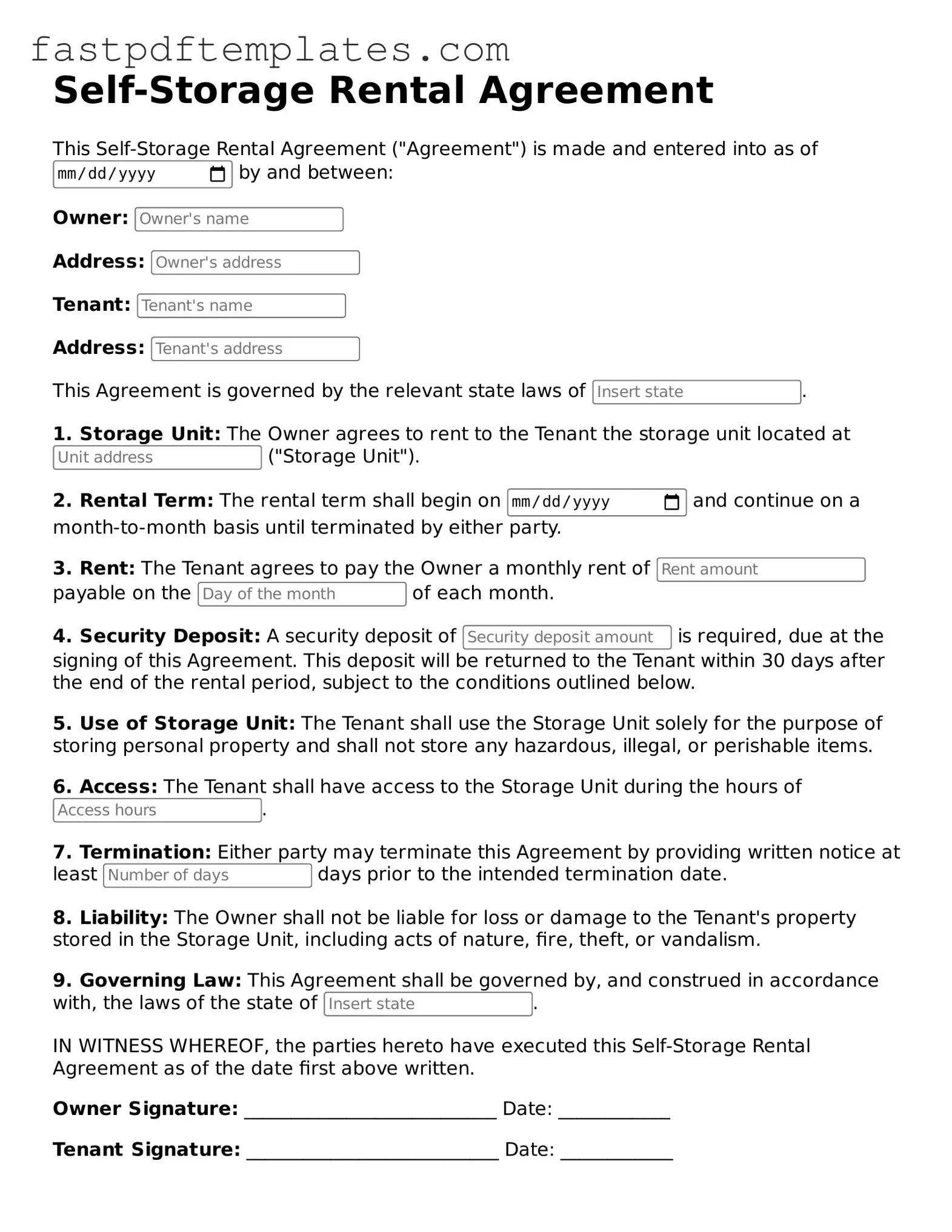 Fillable Self-Storage Rental Agreement Document