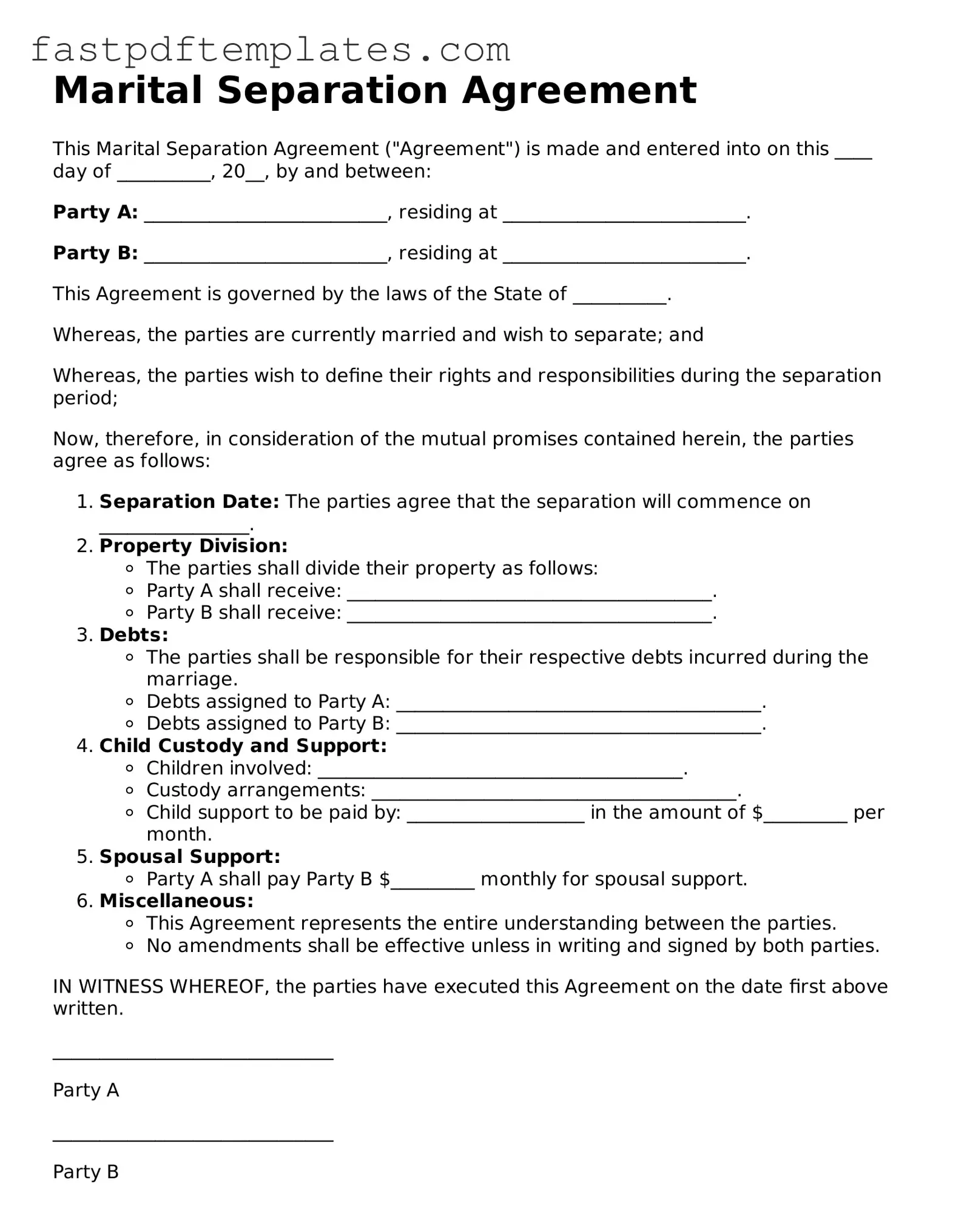 Fillable Marital Separation Agreement Document