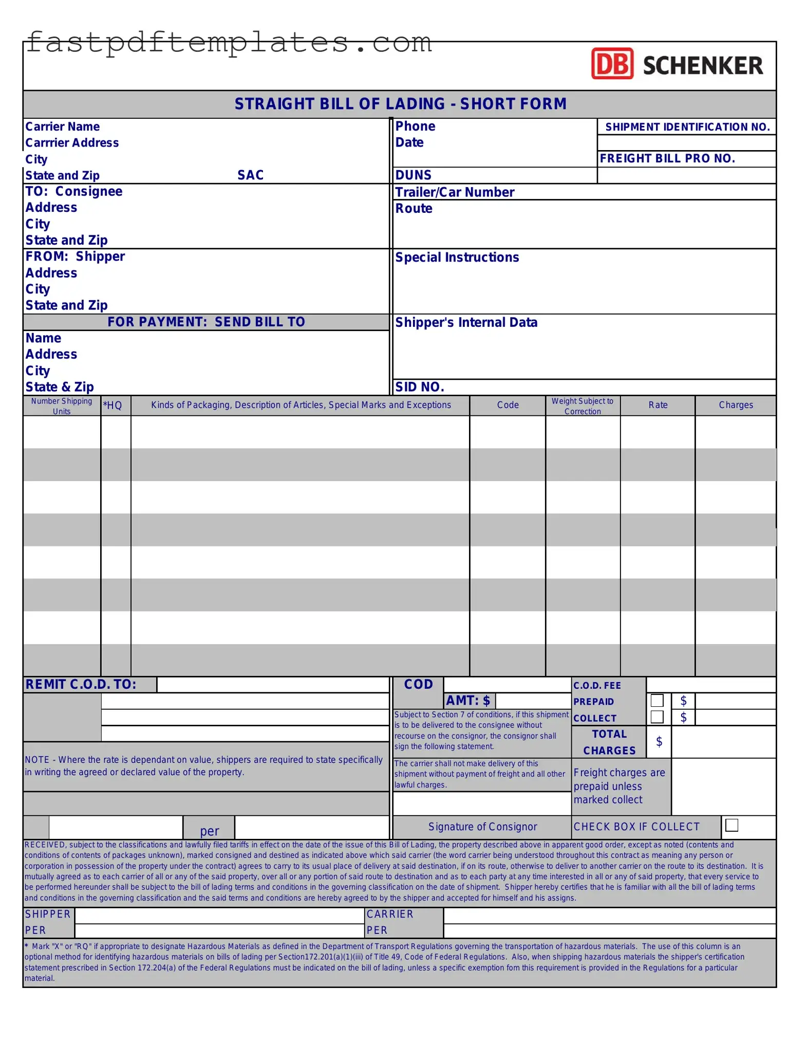 Blank Straight Bill Of Lading Form