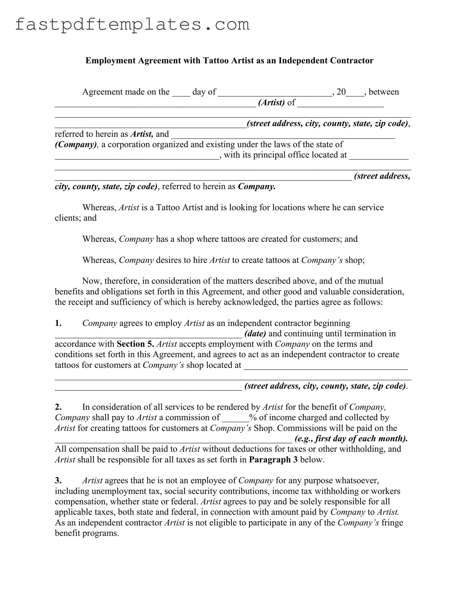 Blank Tattoo Shop Artist Agreement Form
