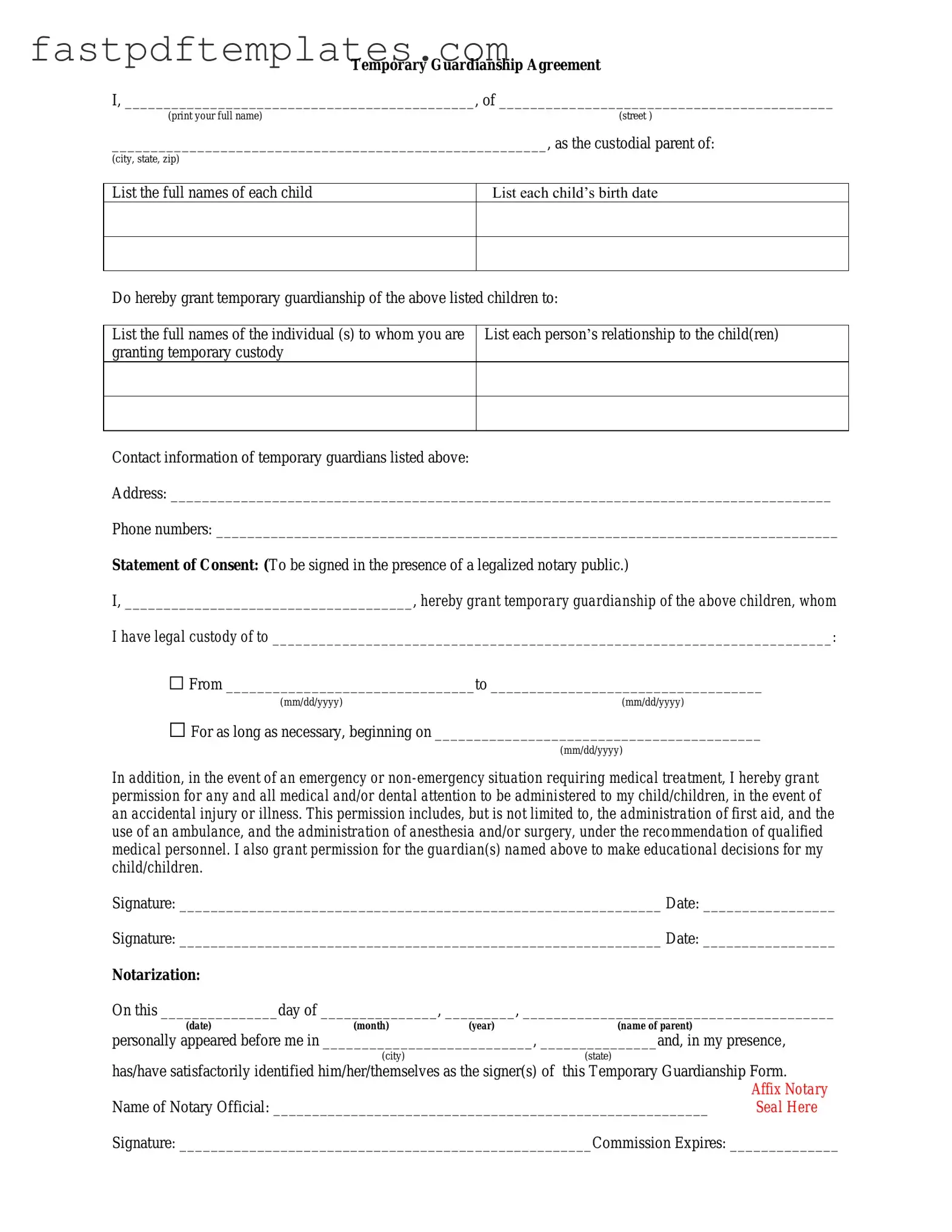 Blank Temporary Custody Form