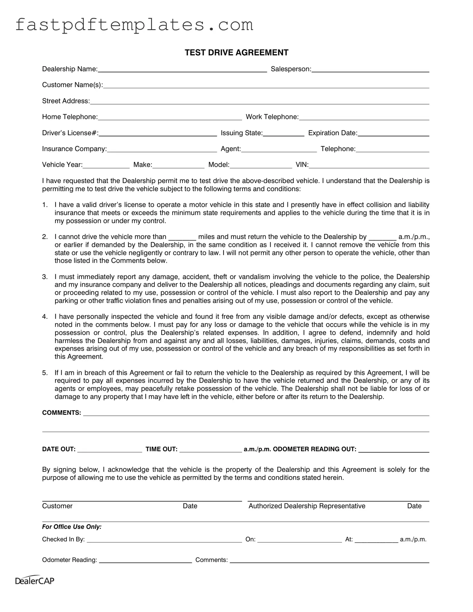 Blank Test Drive Form