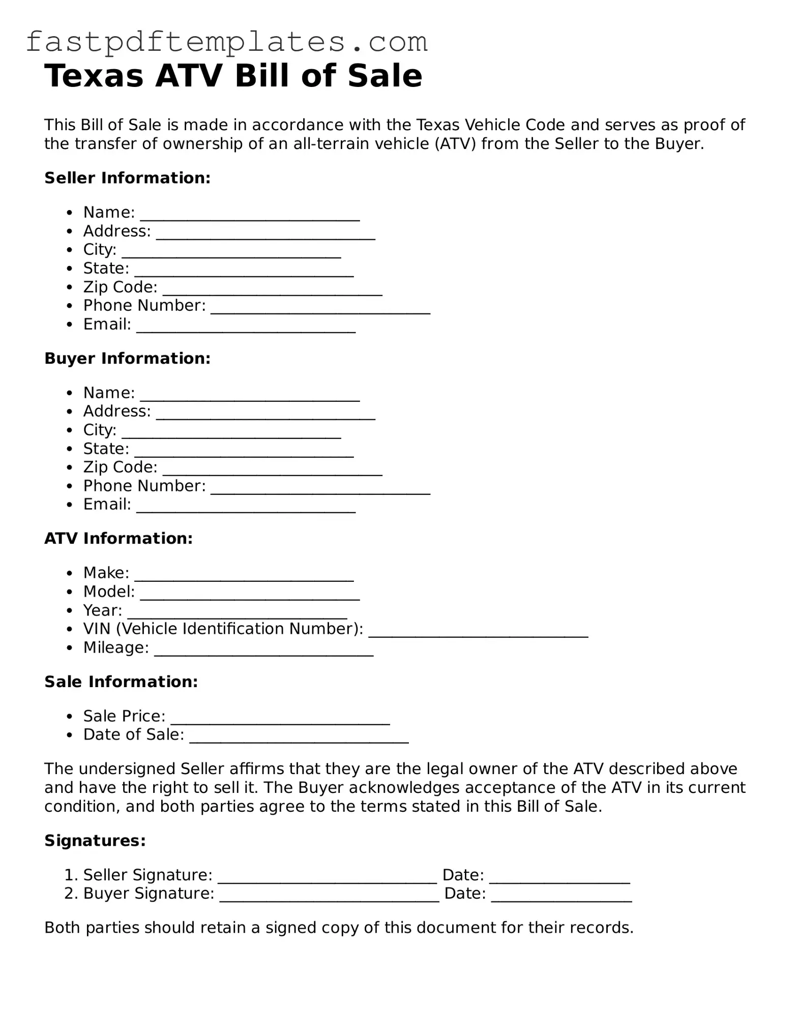 Attorney-Approved Texas ATV Bill of Sale Document