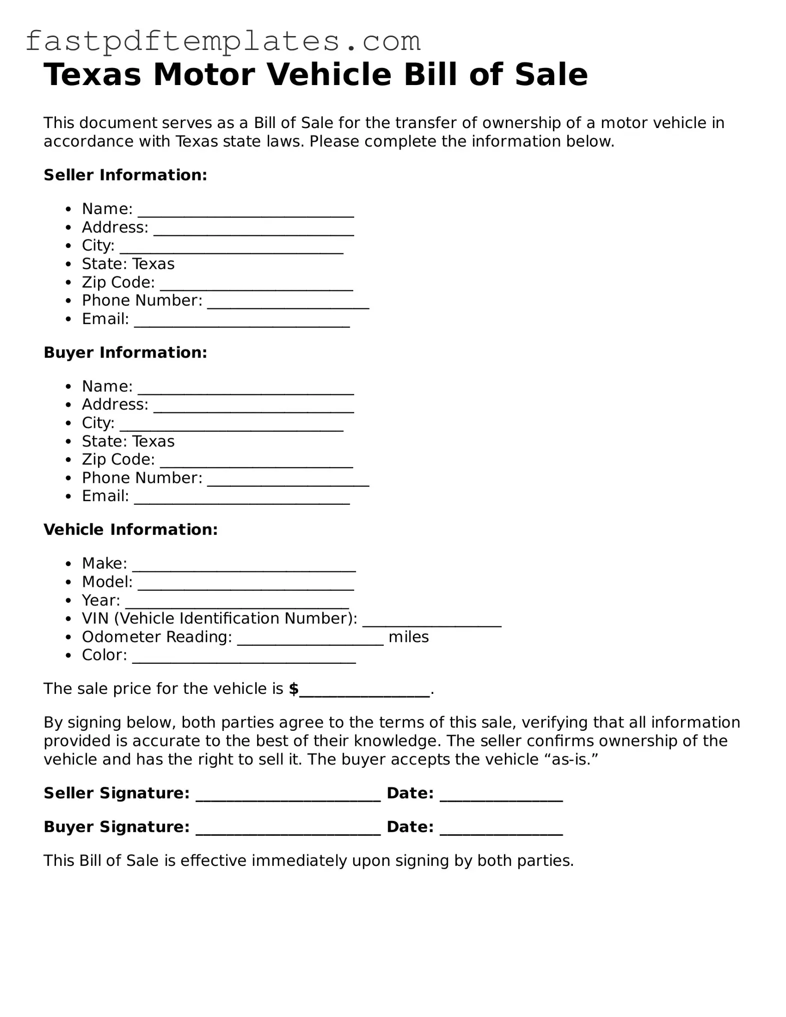 Attorney-Approved Texas Motor Vehicle Bill of Sale Document