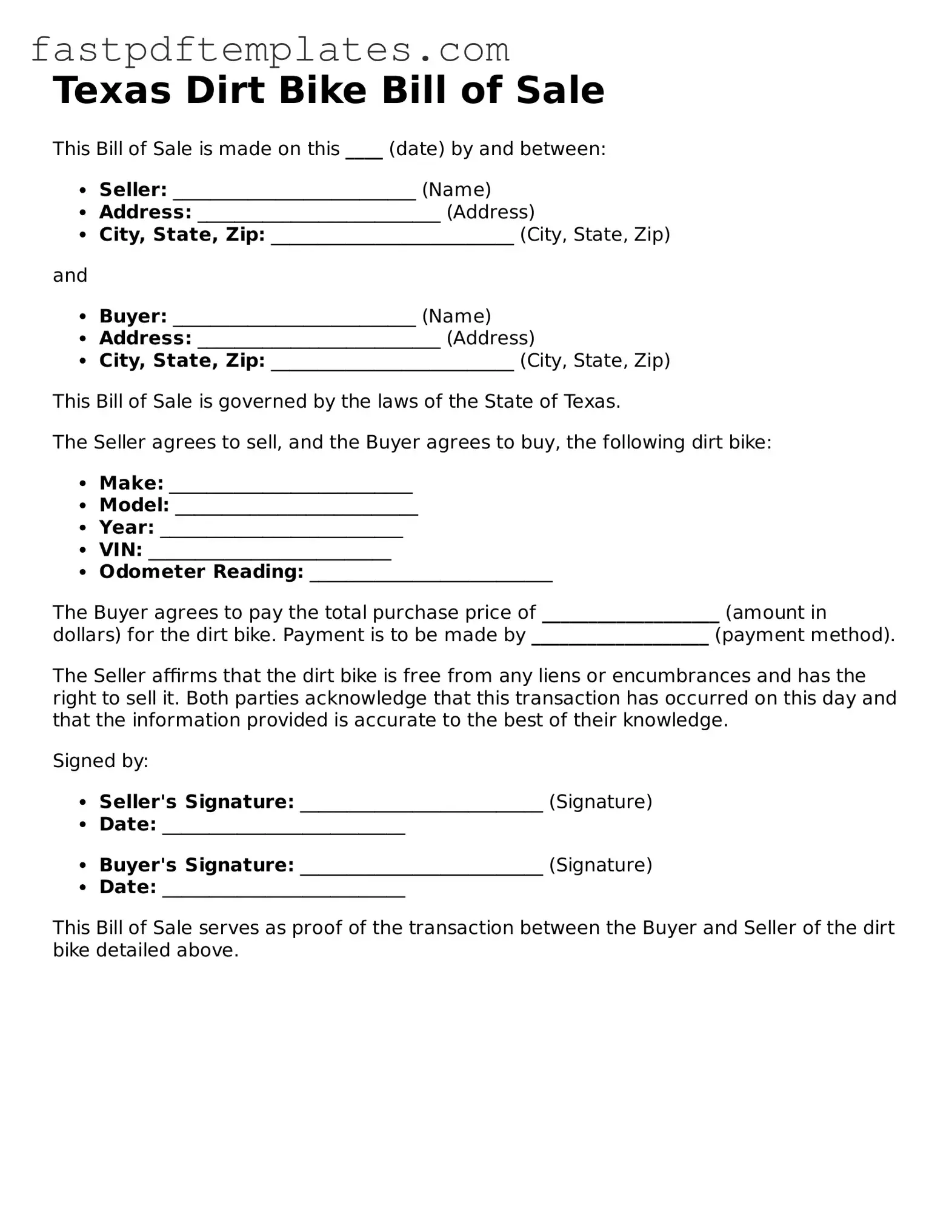 Attorney-Approved Texas Dirt Bike Bill of Sale Document