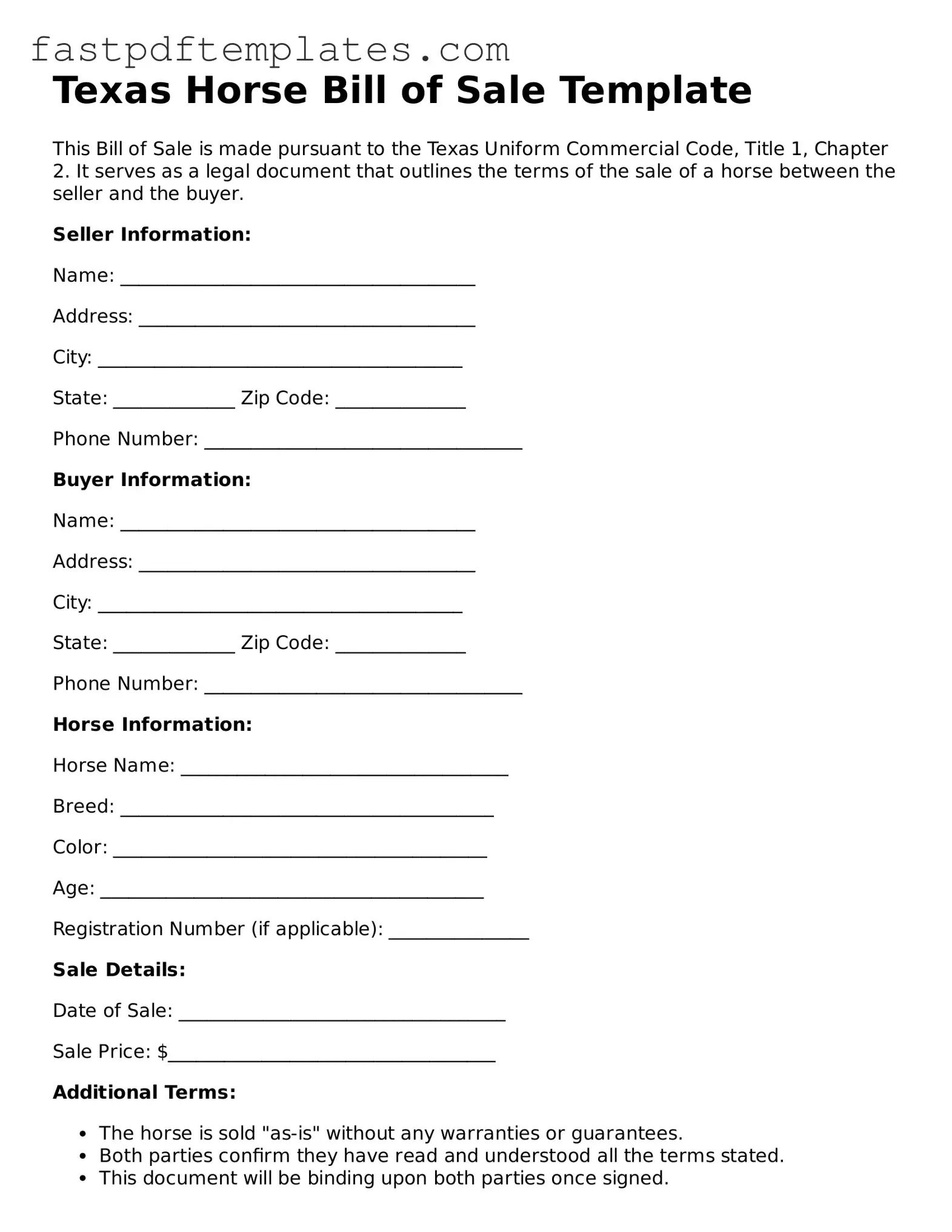 Attorney-Approved Texas Horse Bill of Sale Document