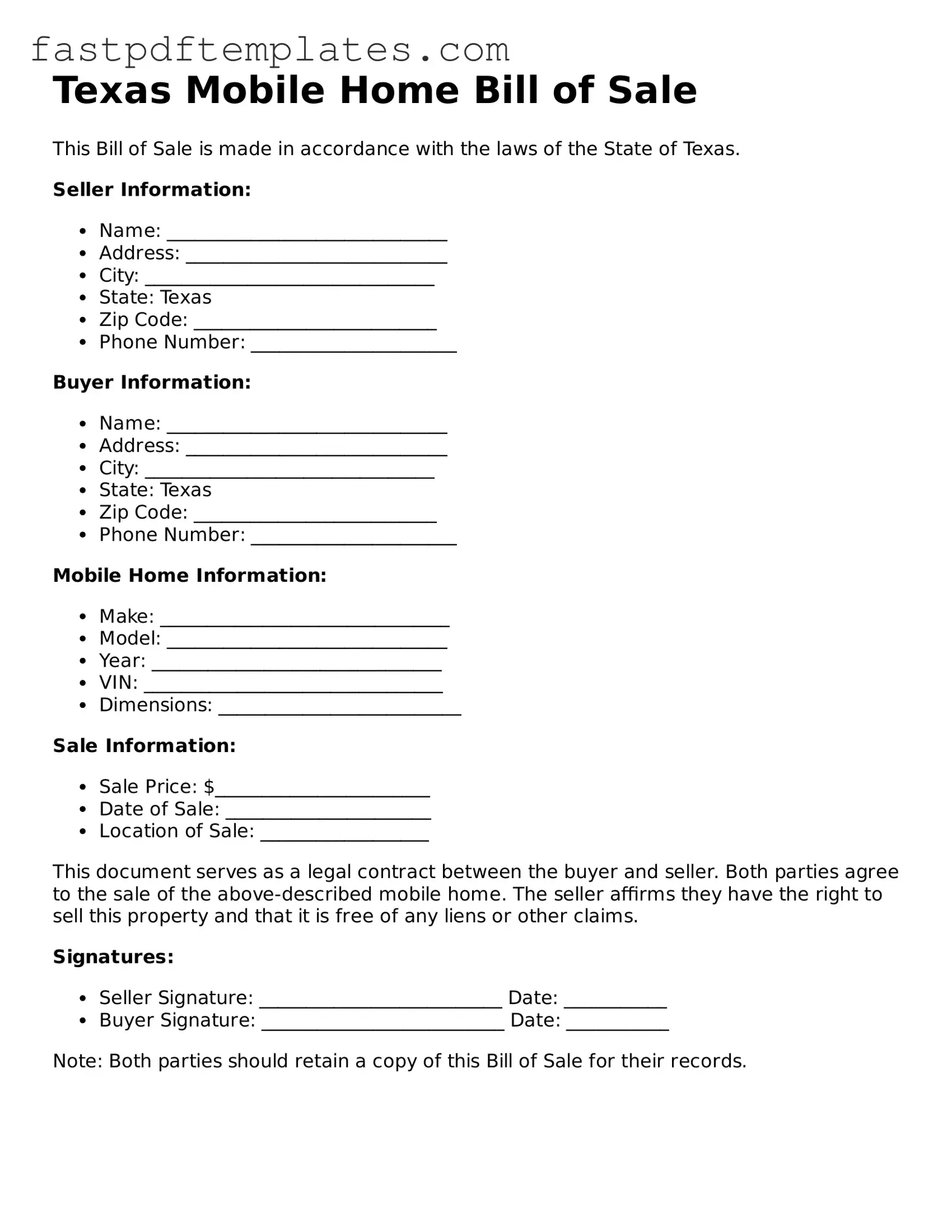 Attorney-Approved Texas Mobile Home Bill of Sale Document