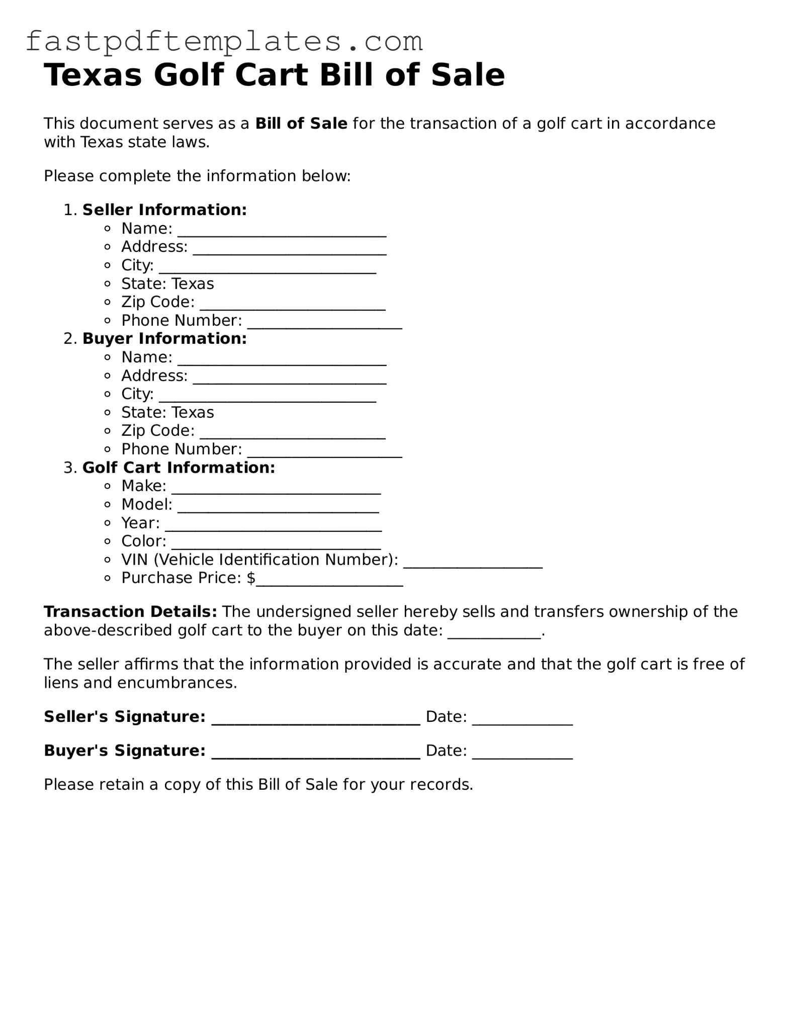 Attorney-Approved Texas Golf Cart Bill of Sale Document