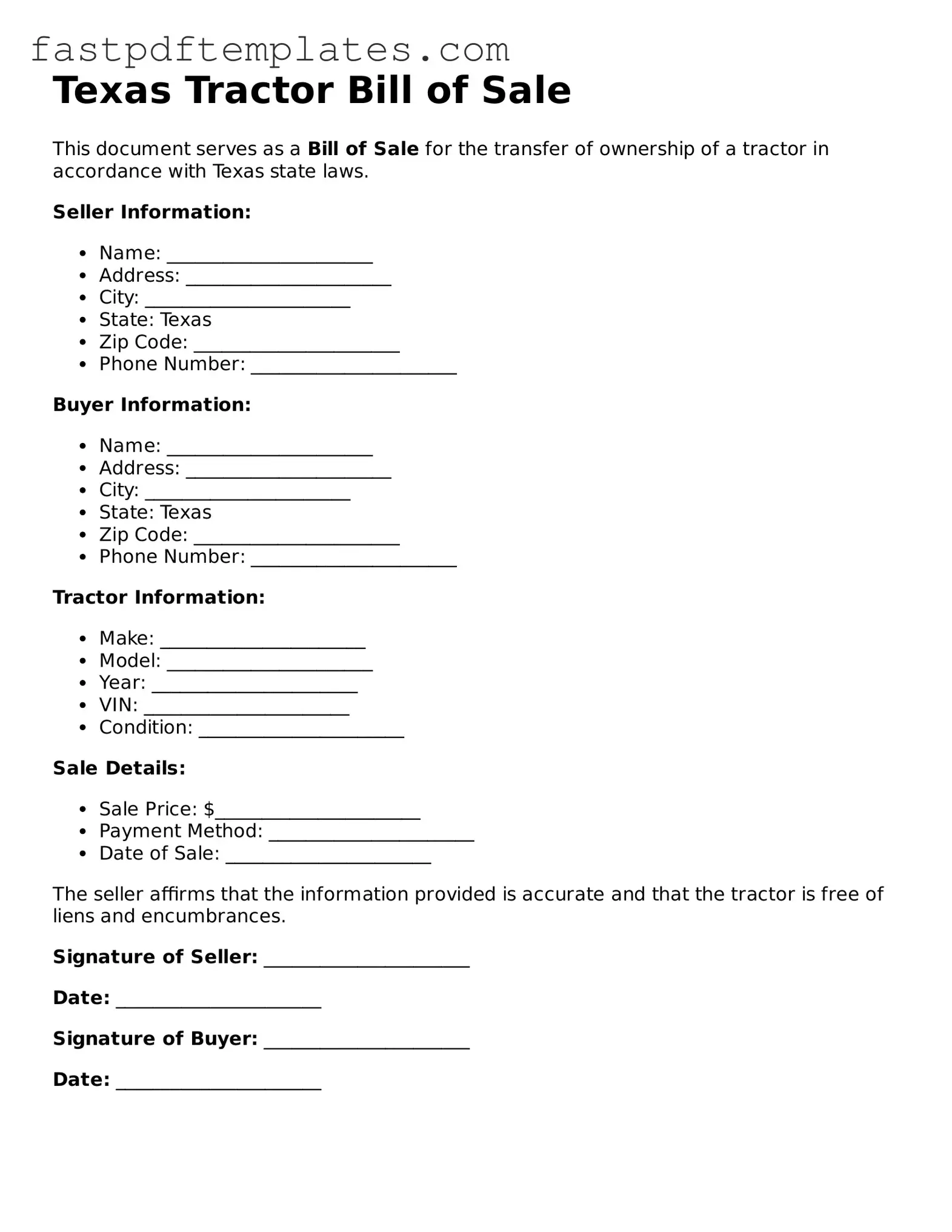 Attorney-Approved Texas Tractor Bill of Sale Document