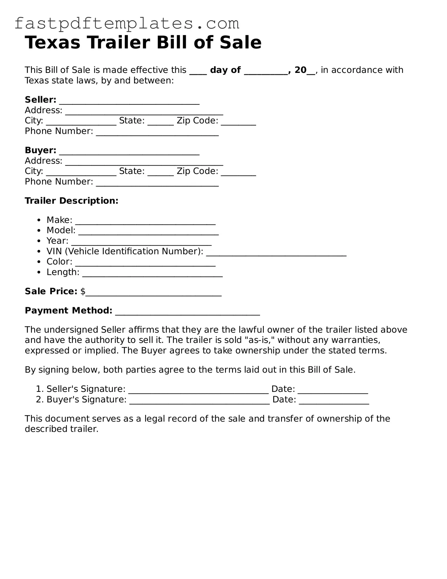 Attorney-Approved Texas Trailer Bill of Sale Document