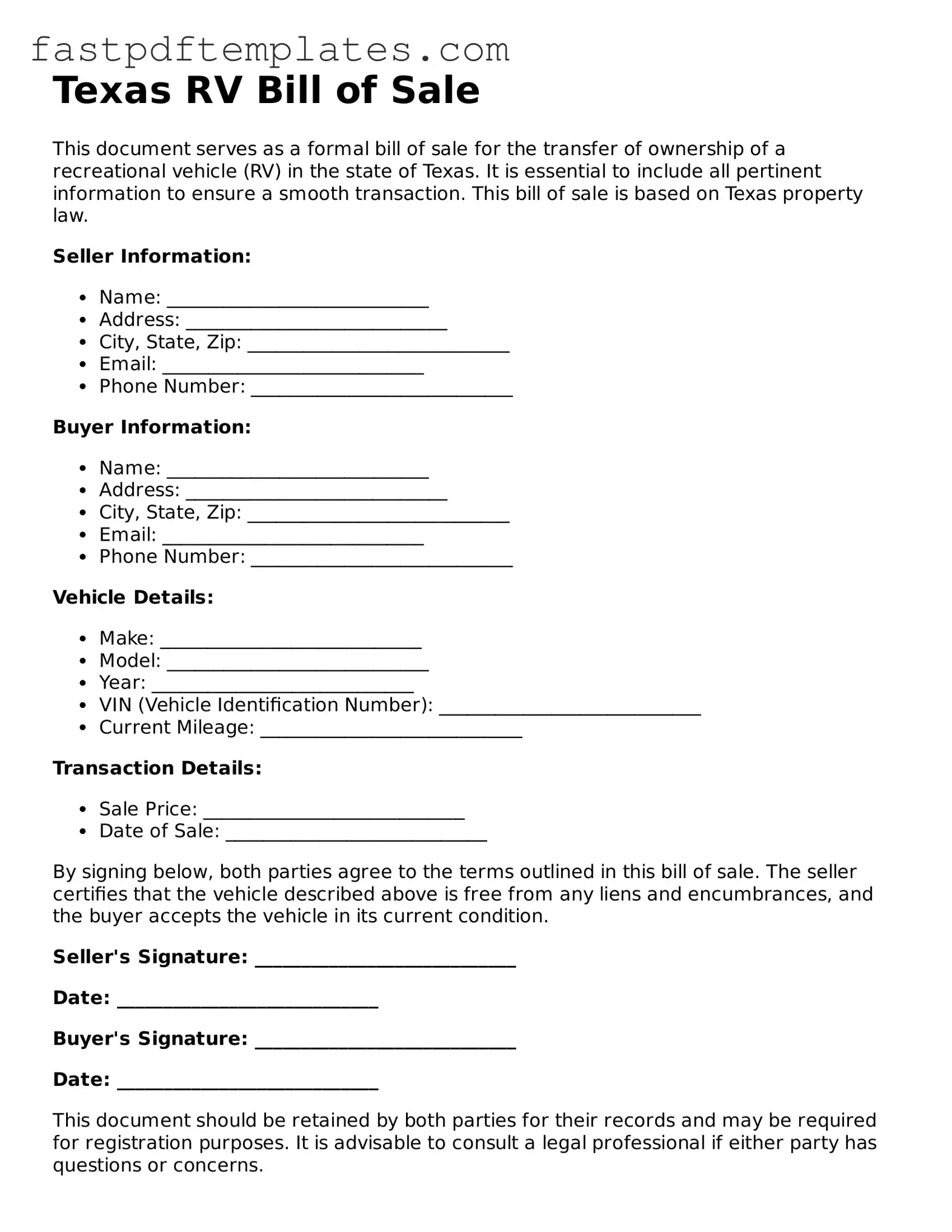 Attorney-Approved Texas RV Bill of Sale Document