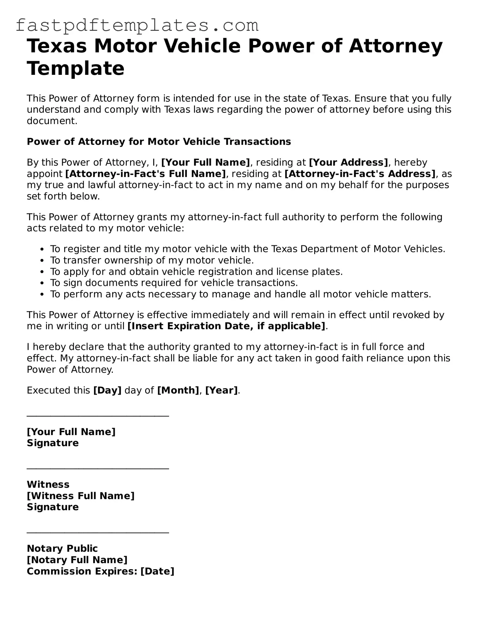 Attorney-Approved Texas Motor Vehicle Power of Attorney Document