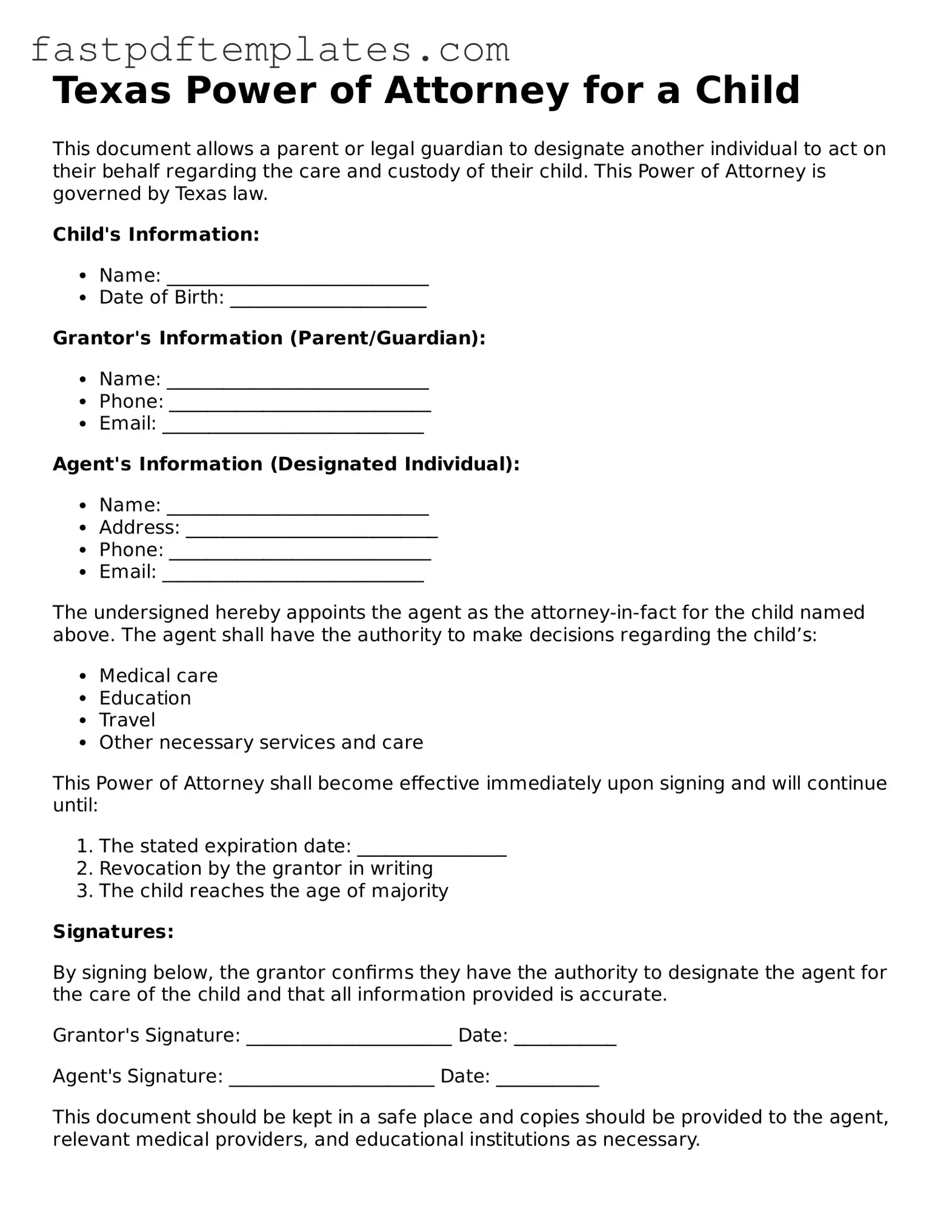 Attorney-Approved Texas Power of Attorney for a Child Document
