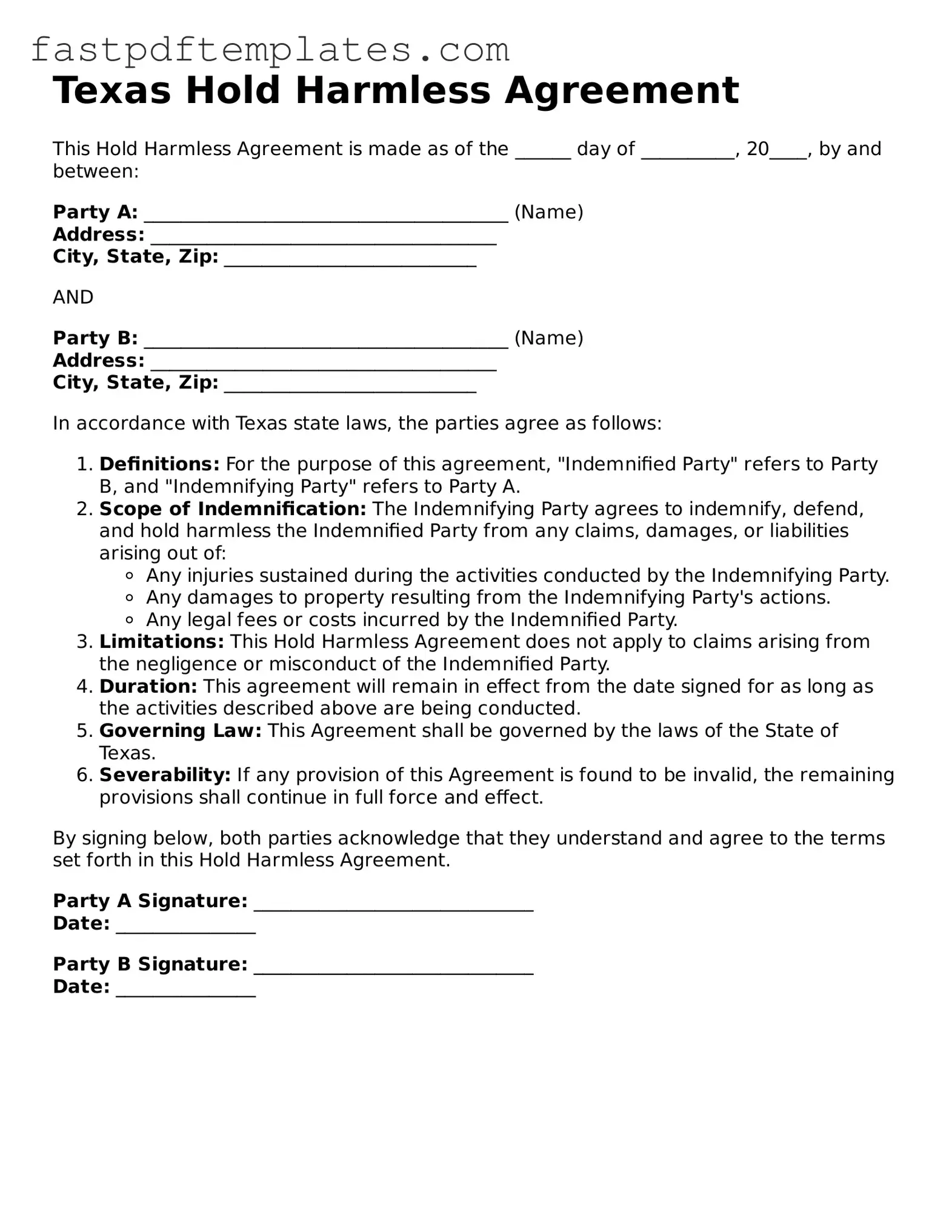 Attorney-Approved Texas Hold Harmless Agreement Document