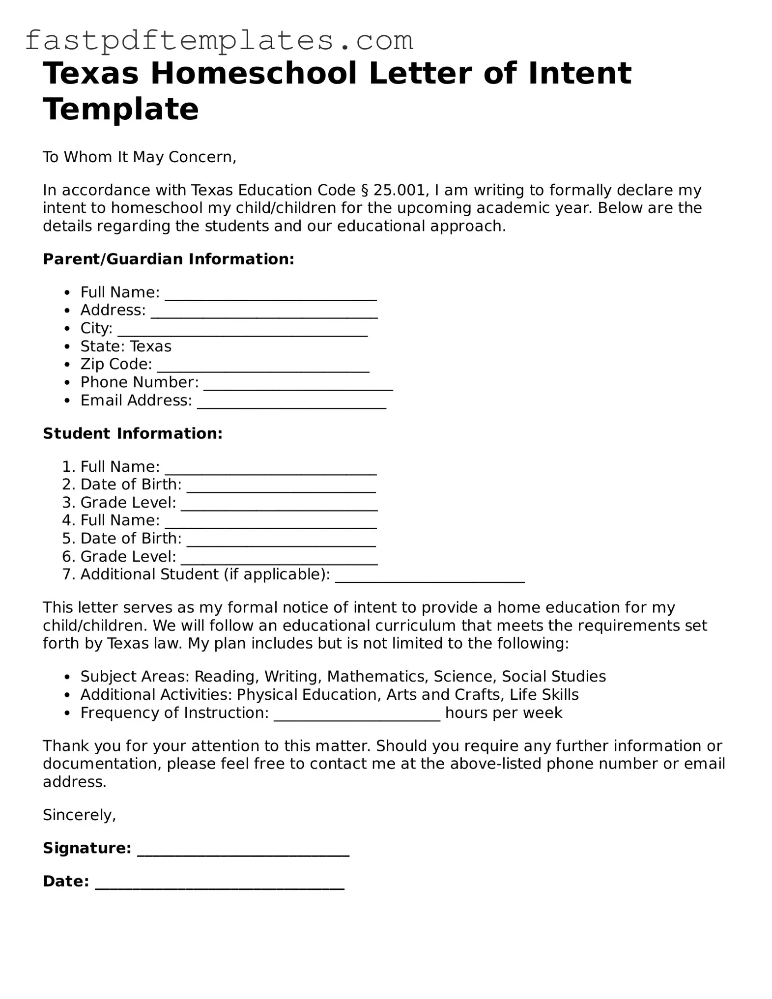 Attorney-Approved Texas Homeschool Letter of Intent Document