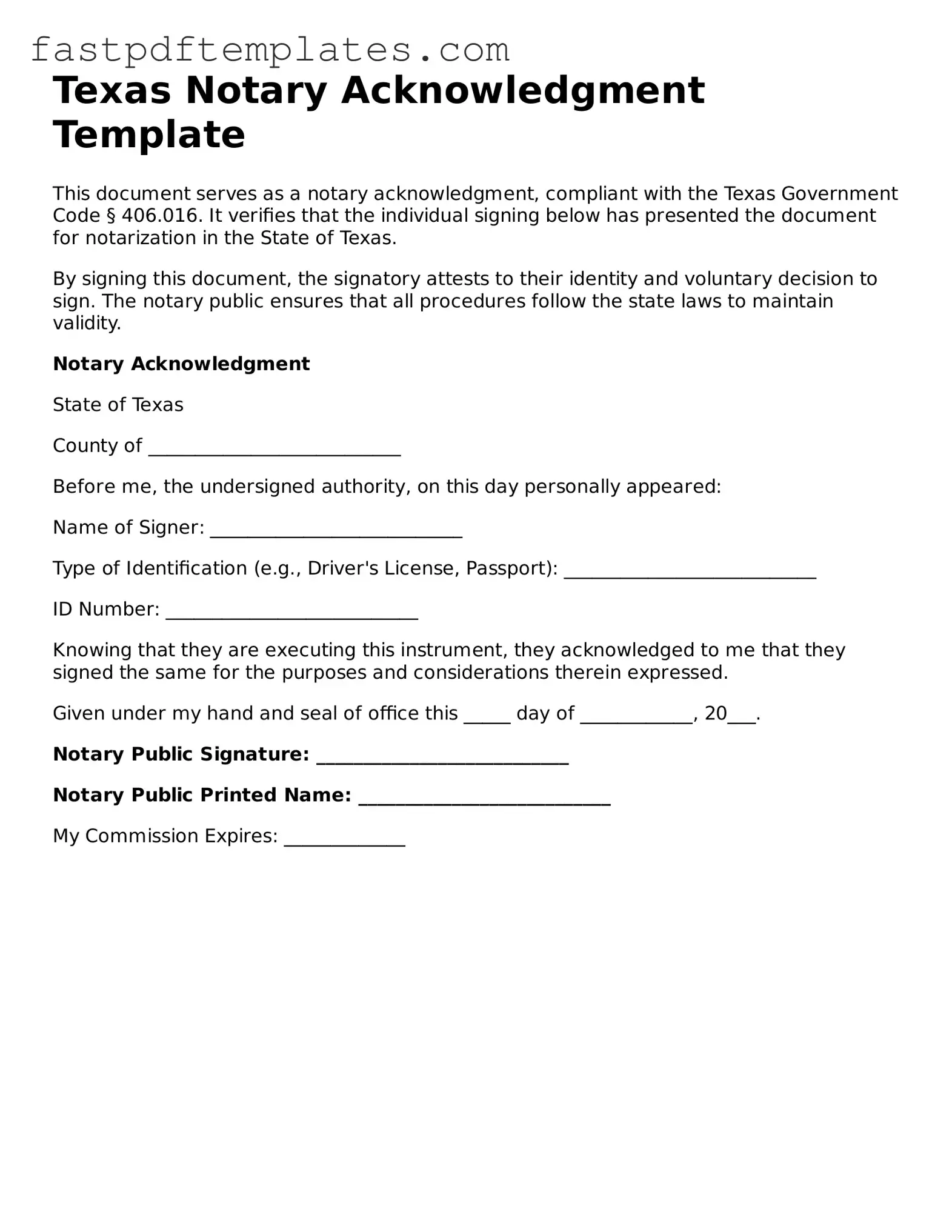 Attorney-Approved Texas Notary Acknowledgement Document