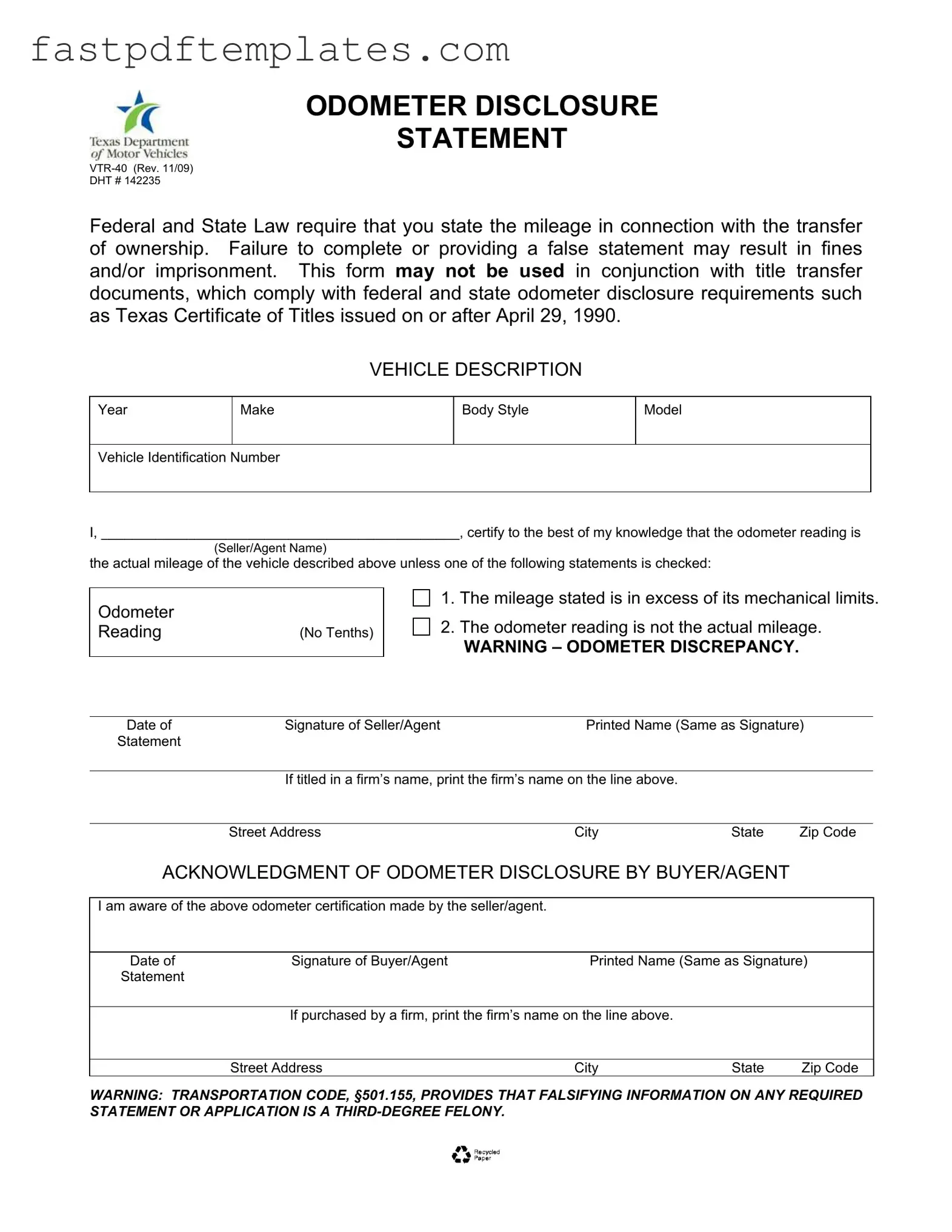 Blank Texas Odometer Statement Form