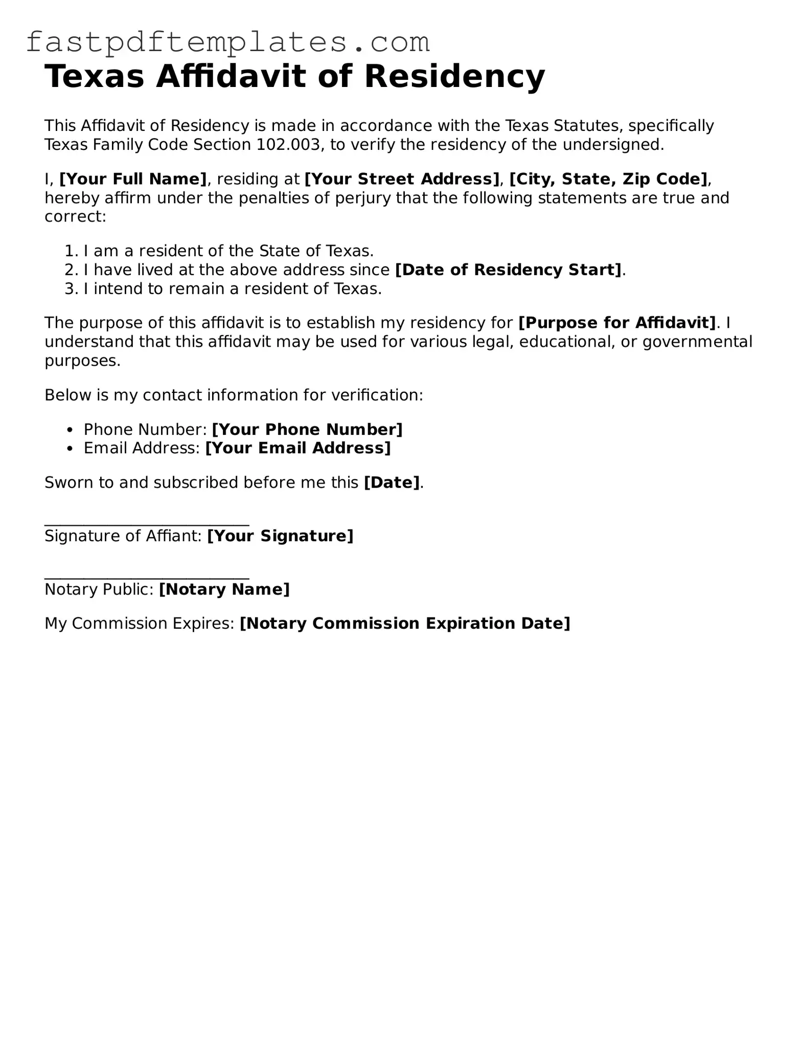 Attorney-Approved Texas Affidavit of Residency Document