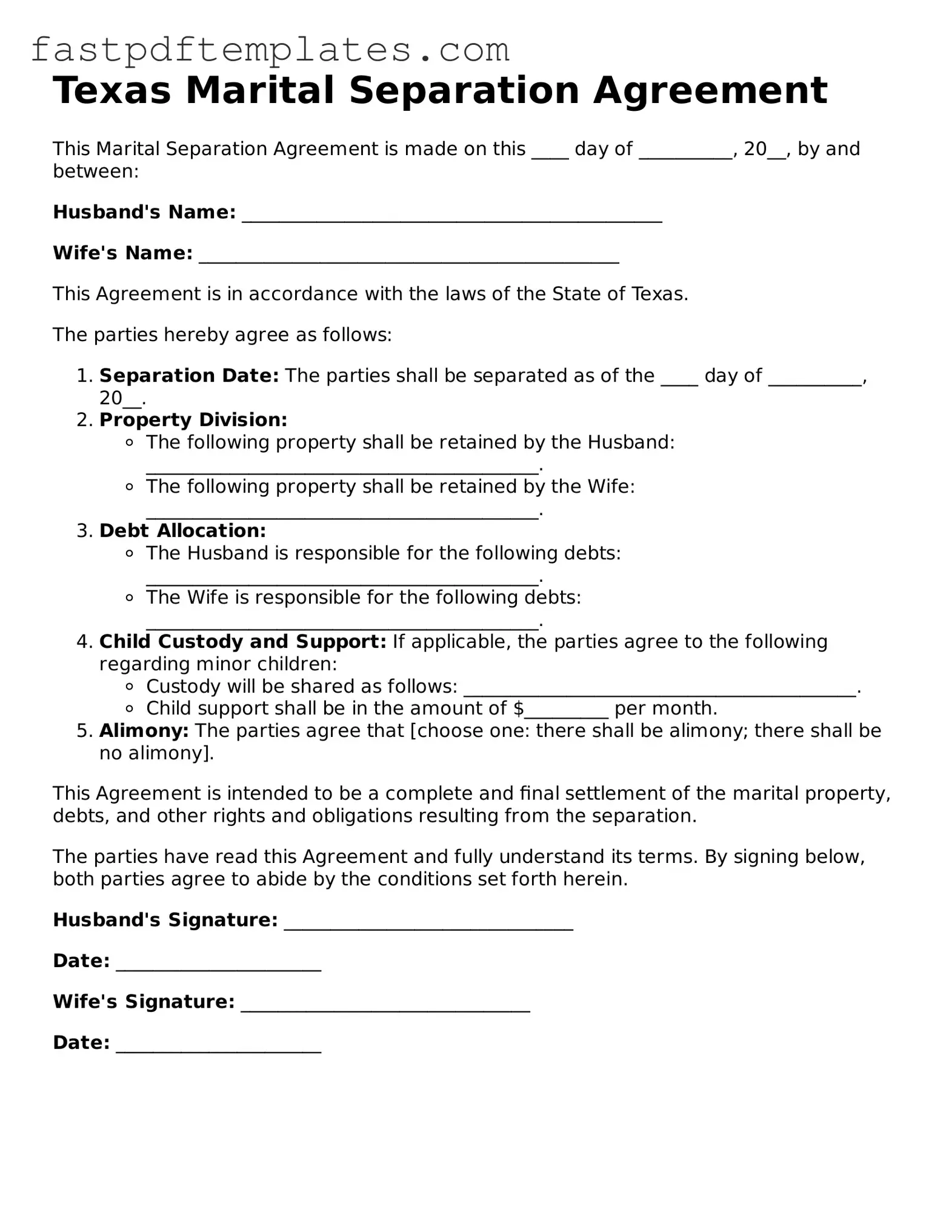 Attorney-Approved Texas Marital Separation Agreement Document