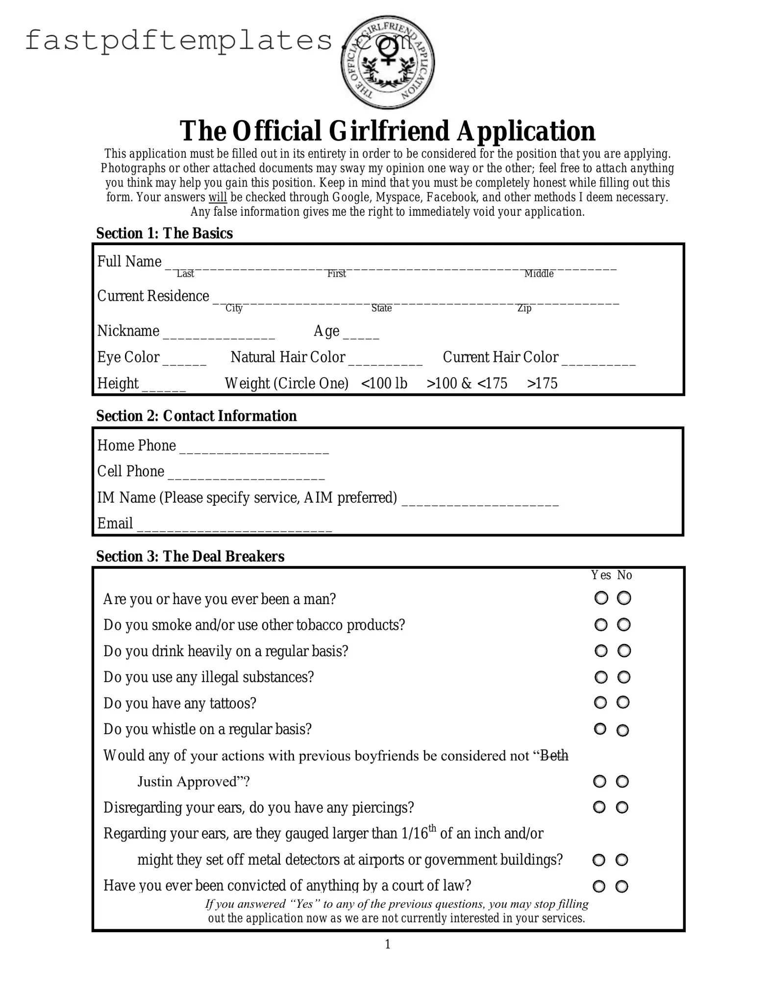 Blank Girlfriend Application Form