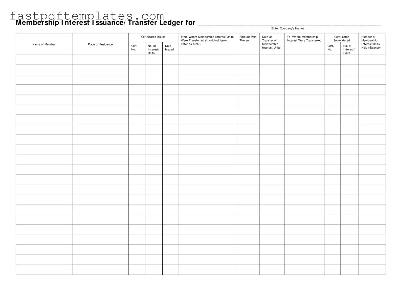 Blank Membership Ledger Form