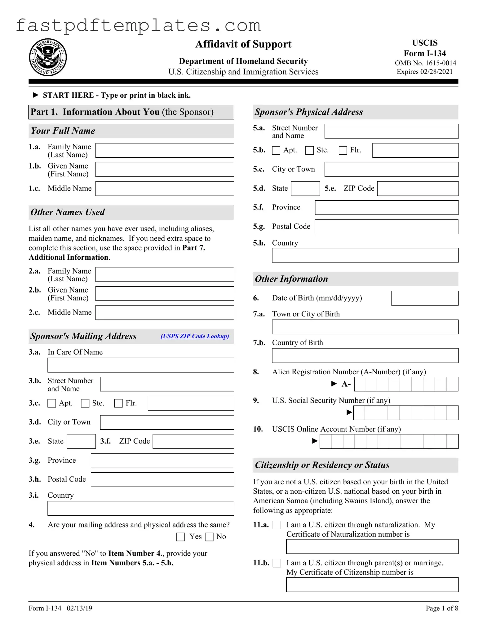 Blank USCIS I-134 Form