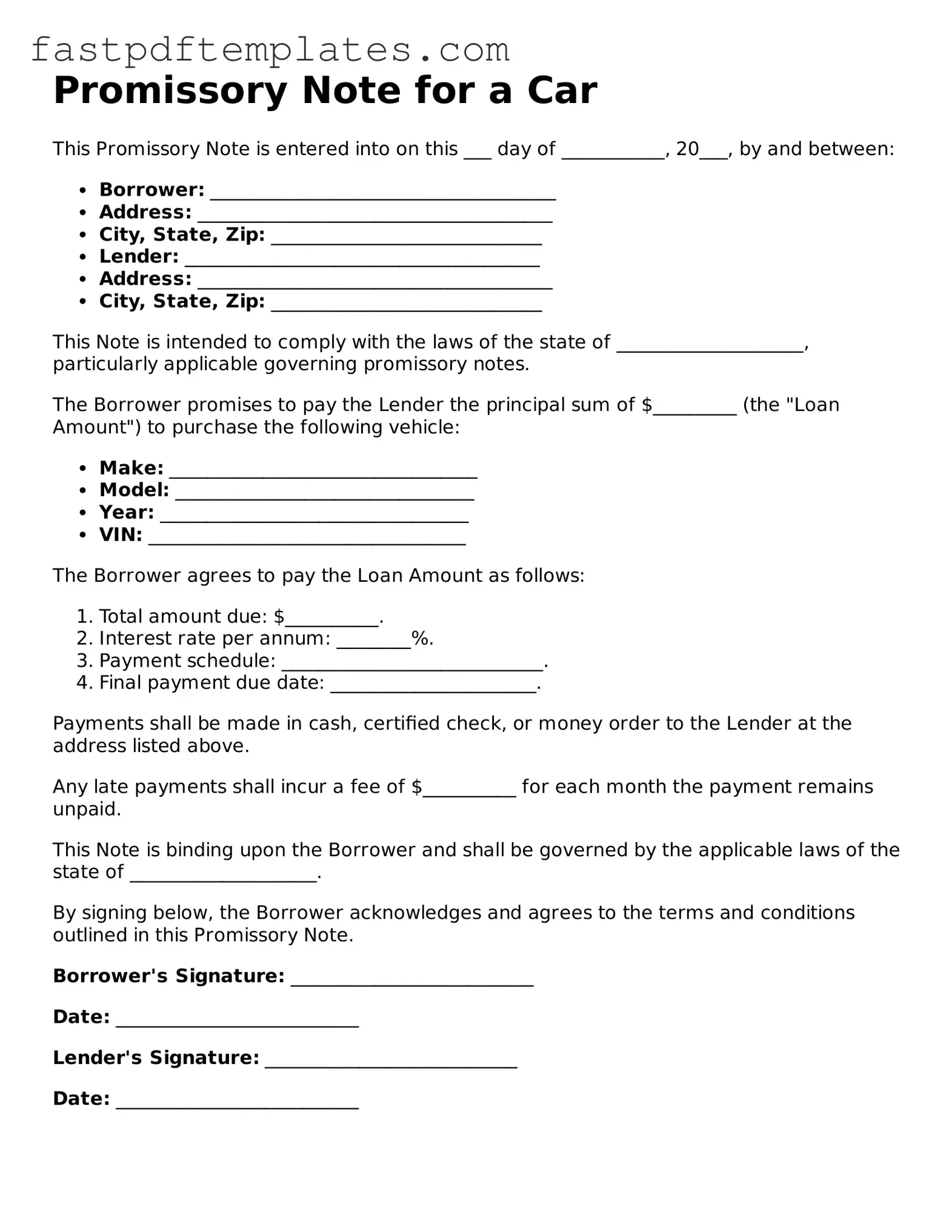 Fillable Promissory Note for a Car Document