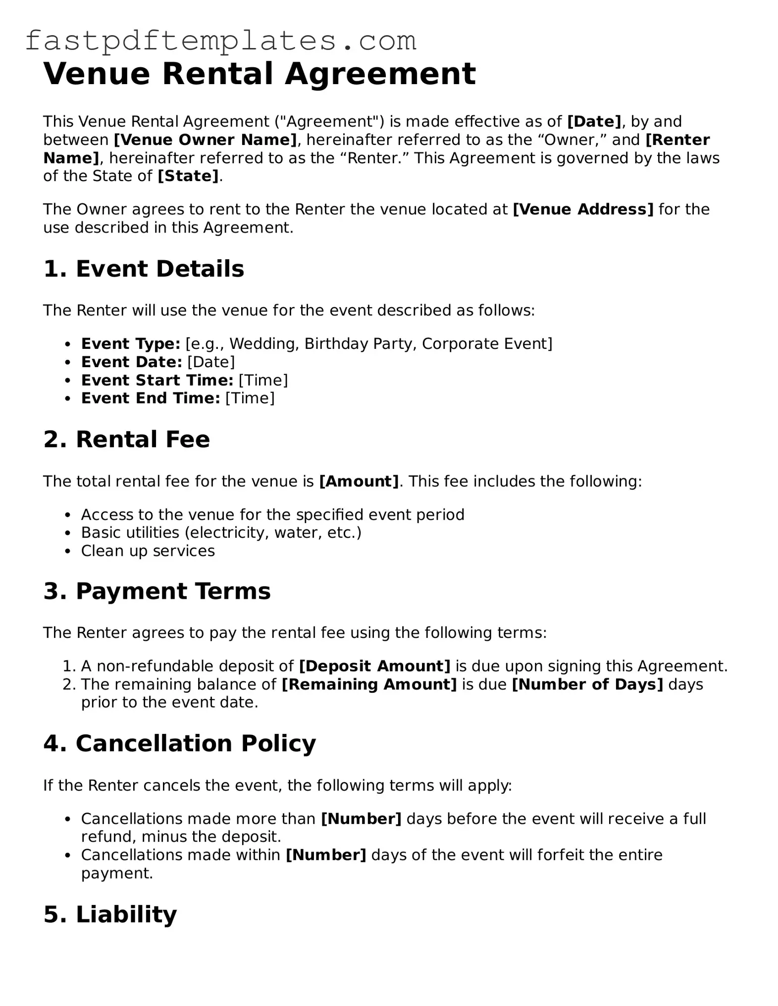 Fillable Venue Rental Agreement Document