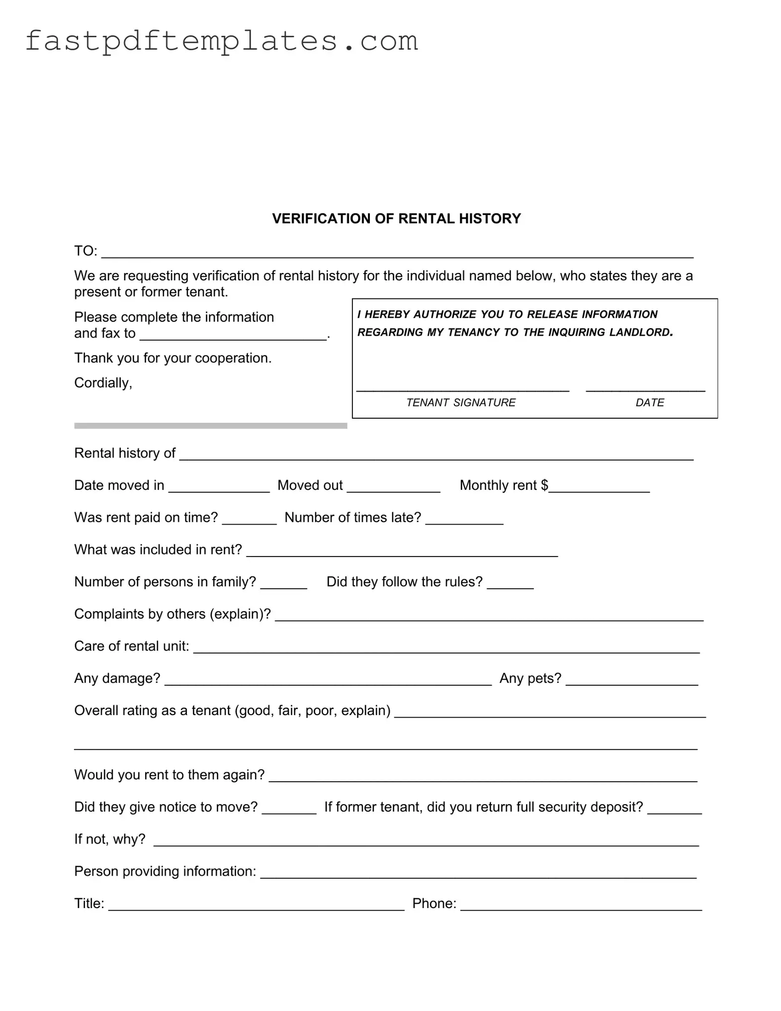 Blank Verification Rental Form