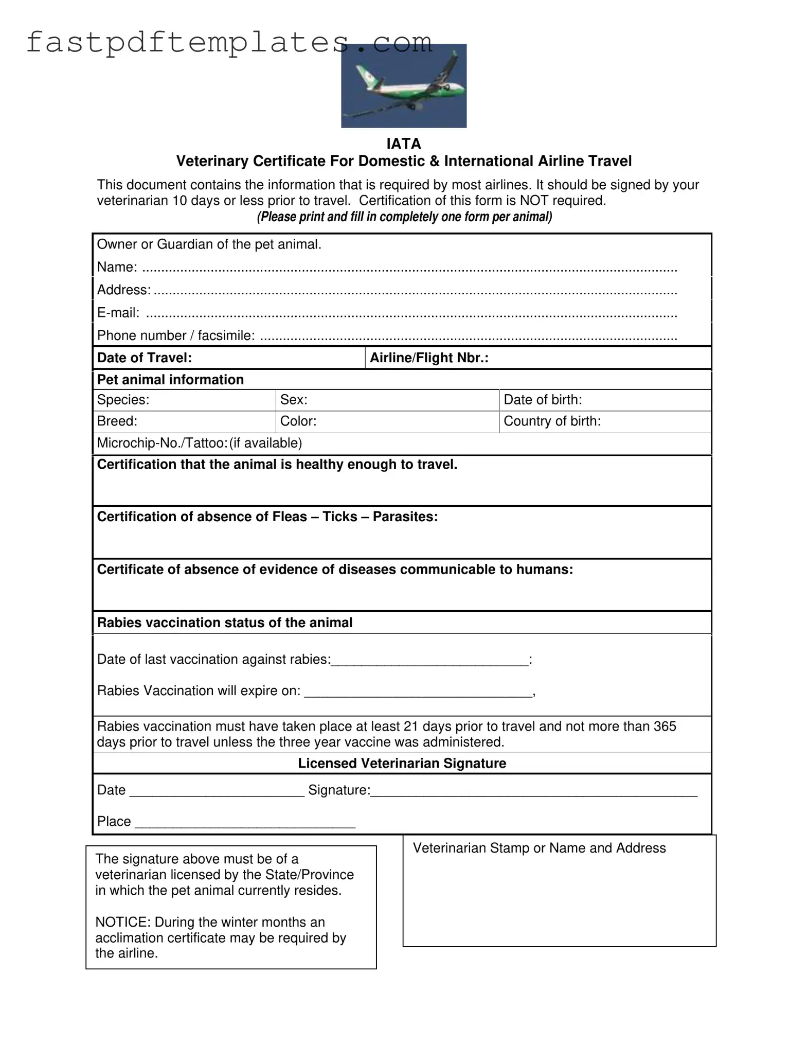 Blank Veterinary Certificate Travel Form