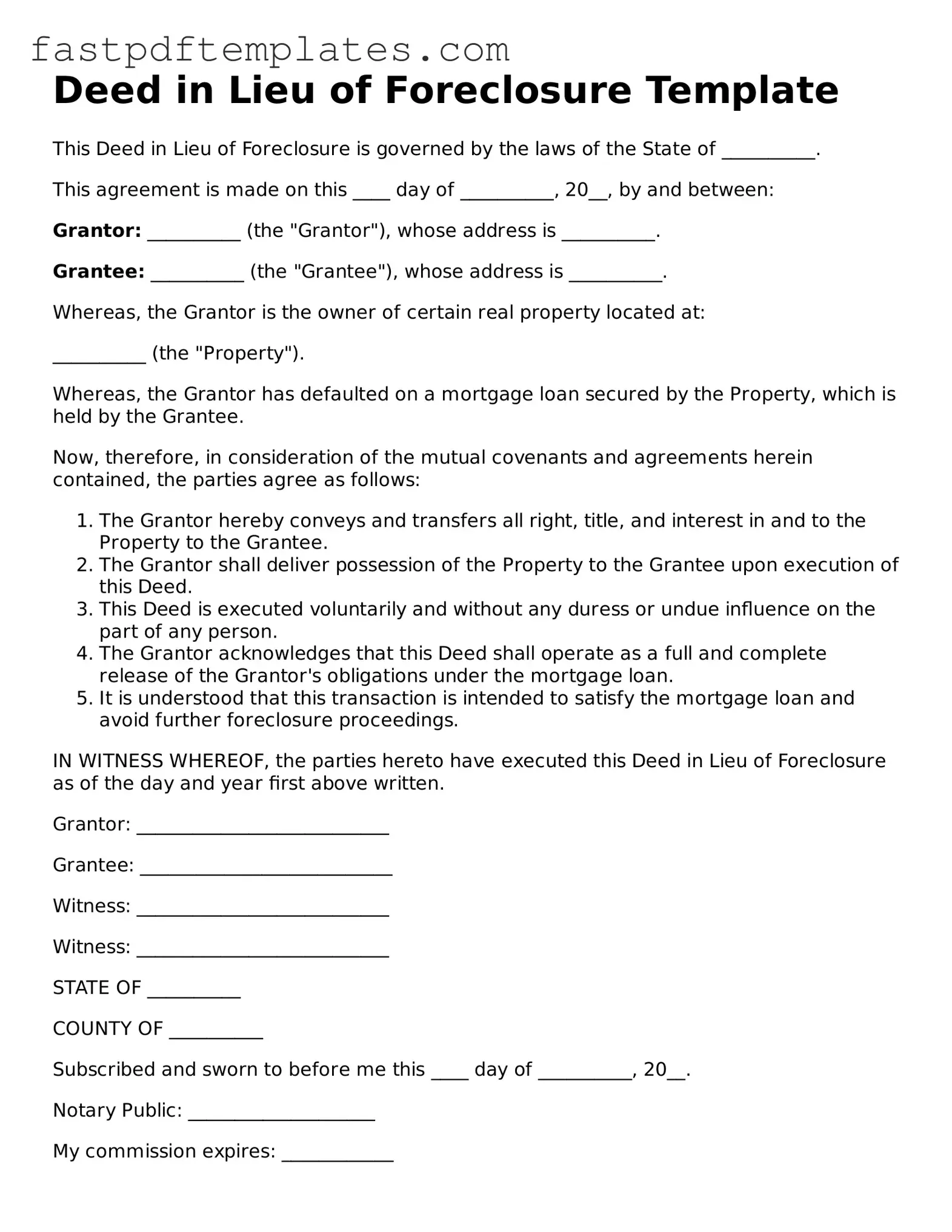 Fillable Deed in Lieu of Foreclosure Document