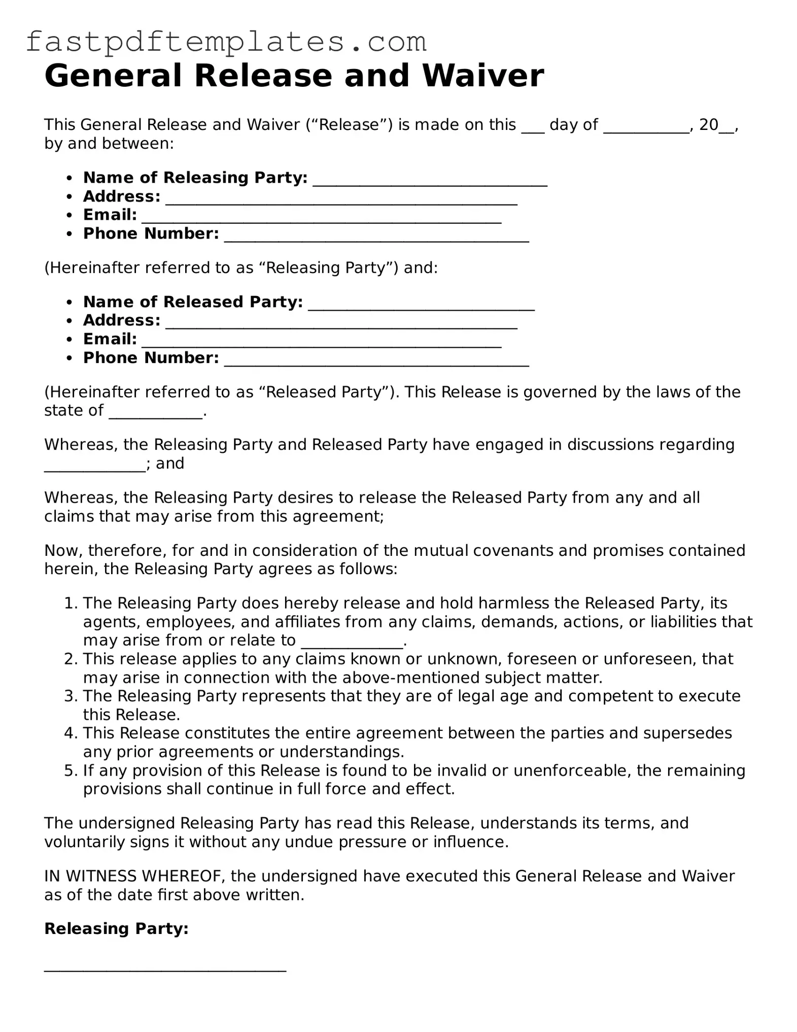 Fillable General Release and Waiver Document