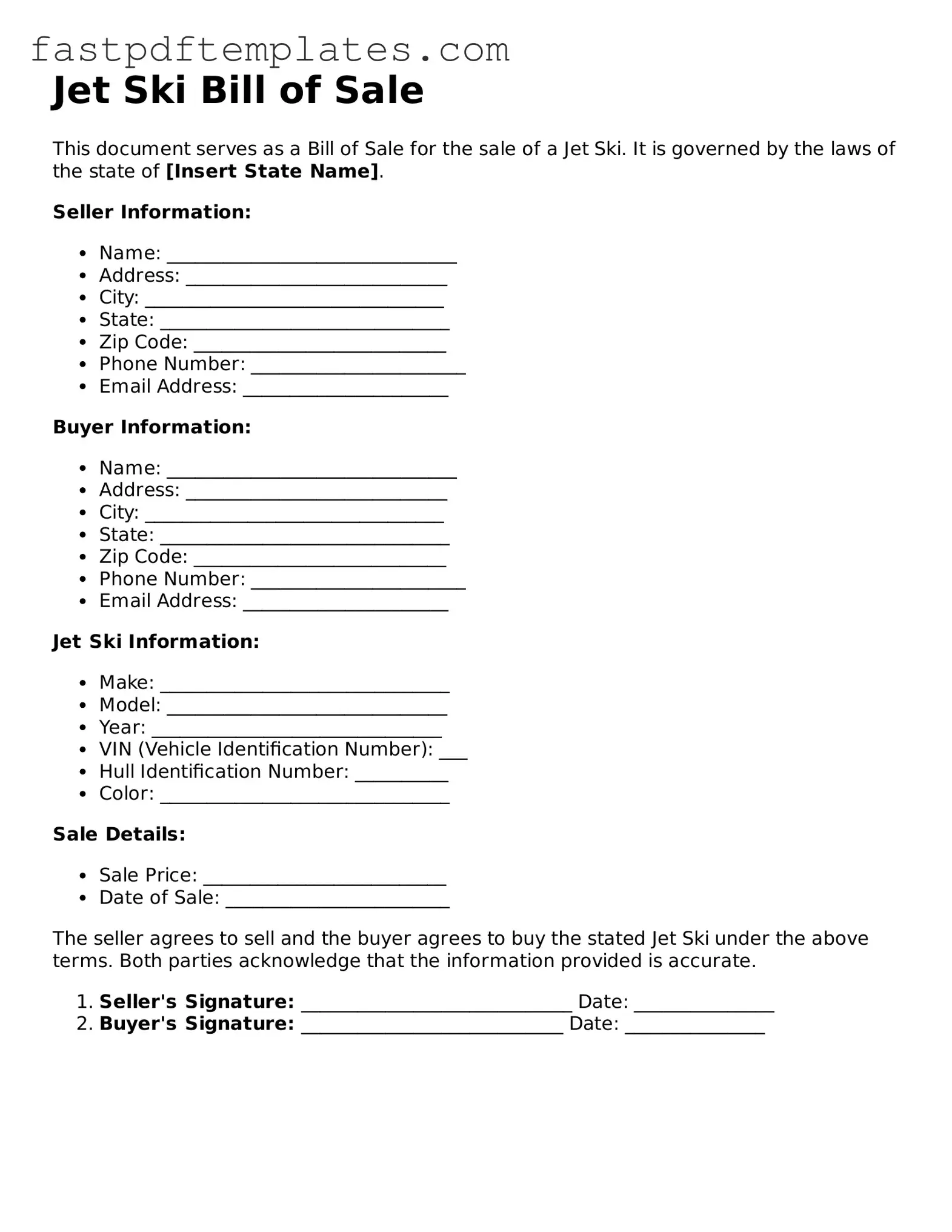 Fillable Jet Ski Bill of Sale Document