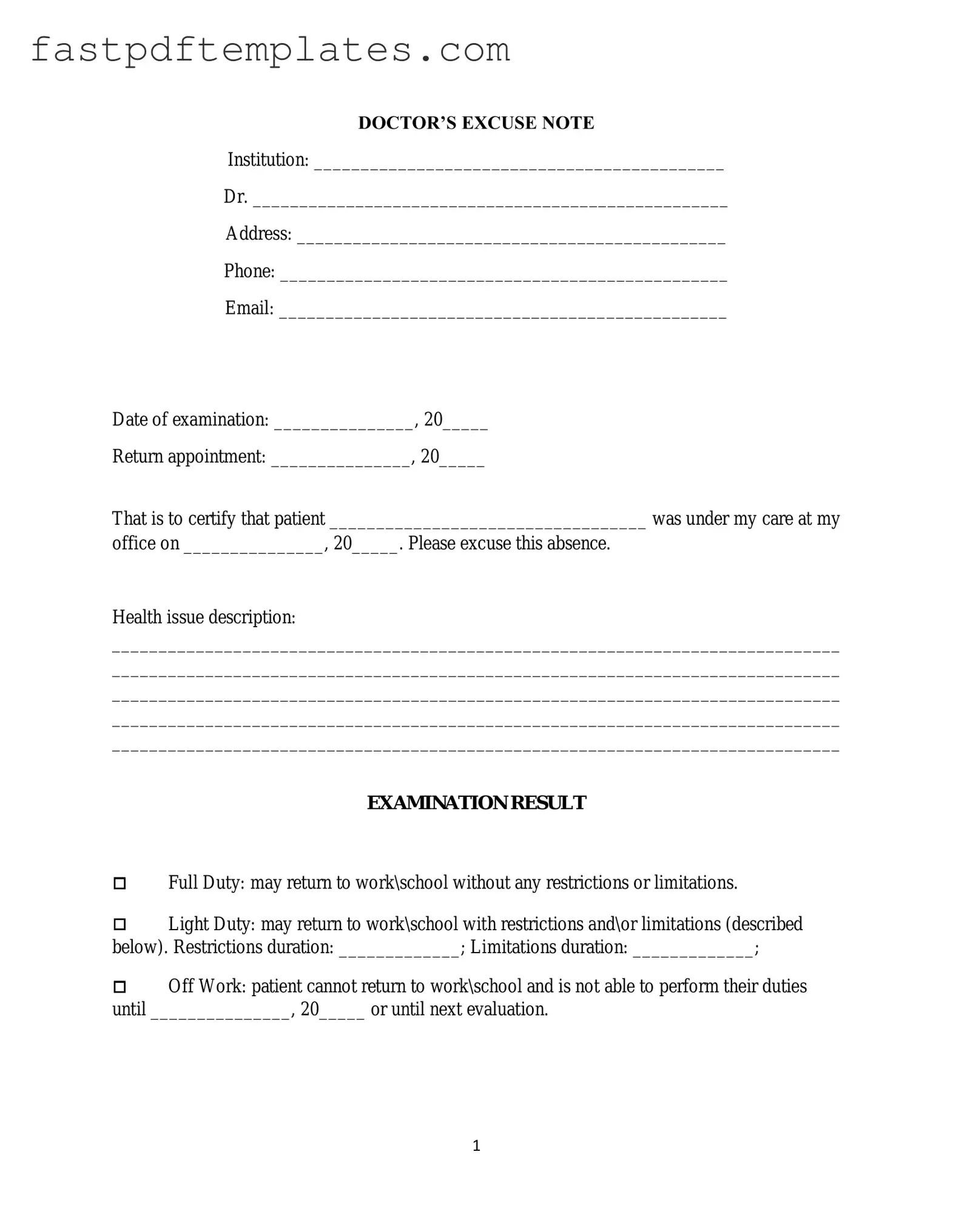 Blank Doctors Excuse Note Form