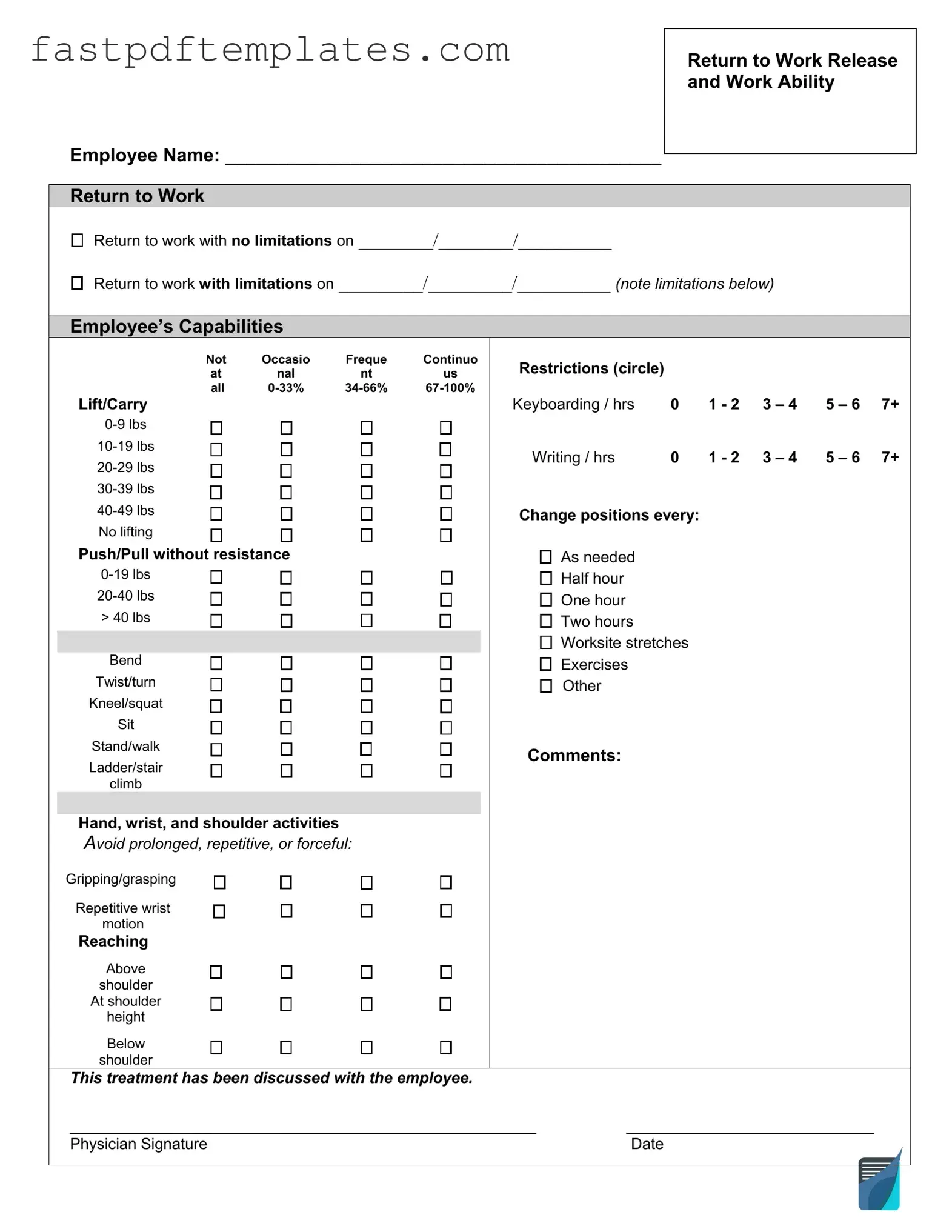 Blank Work Release Form
