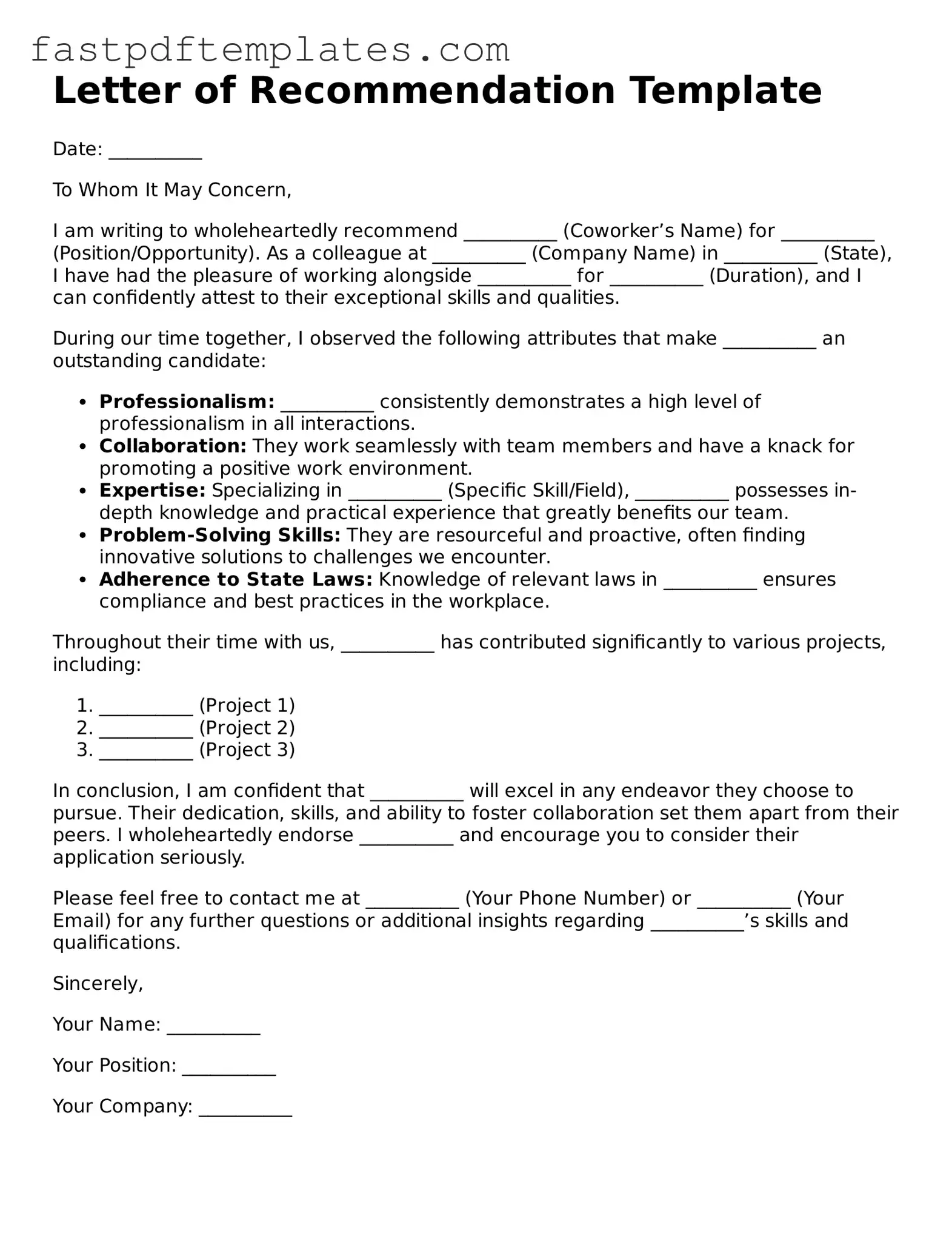 Fillable Letter of Recommendation for Coworker Document